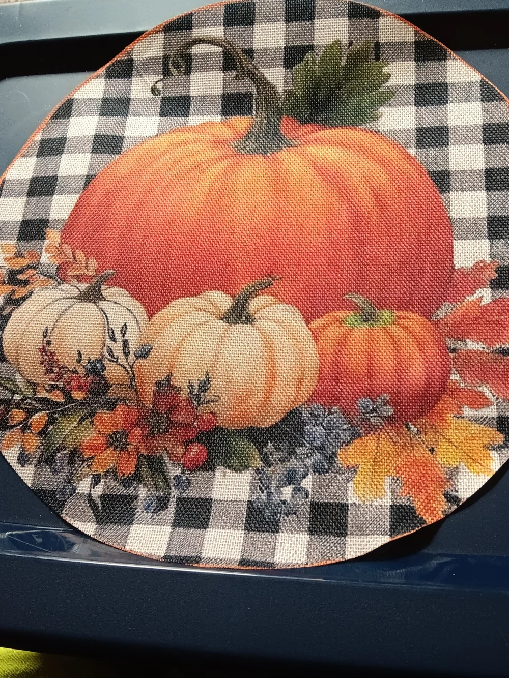 Set Of Four Autumn Pumpkin Plaid Round Placemats - Orange & Cream